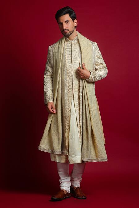 Buy Char Chaand Ivory Linen, Satin Gota Patti Geometric Embroidered Sherwani Set Buy_Char Chaand_Ivory Linen, Satin Gota Patti Geometric Embroidered Sherwani Set