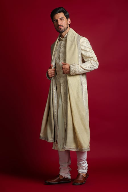 Shop Char Chaand Ivory Linen, Satin Gota Patti Geometric Embroidered Sherwani Set Shop_Char Chaand_Ivory Linen, Satin Gota Patti Geometric Embroidered Sherwani Set