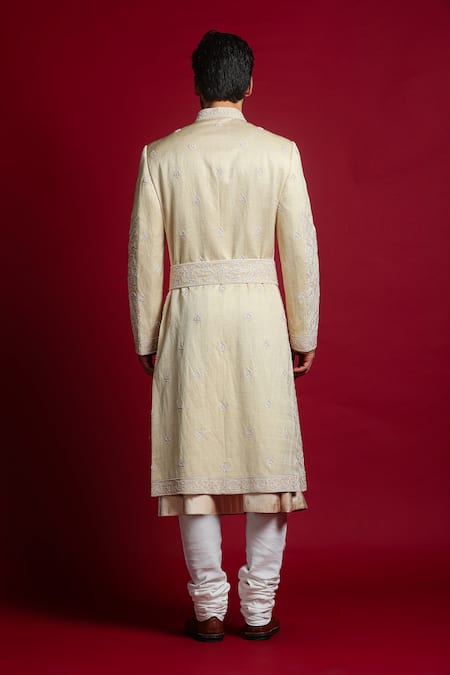 Shop Char Chaand Ivory Linen, Satin Embroidery, Beads Aari Sherwani Set at Aza Fashions Shop_Char Chaand_Ivory Linen, Satin Embroidery, Beads Aari Sherwani Set _at_Aza_Fashions