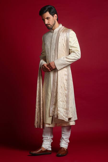 Char Chaand Ivory Linen, Satin Embroidery, Beads Aari Sherwani Set Online at Aza Fashions Char Chaand_Ivory Linen, Satin Embroidery, Beads Aari Sherwani Set _Online_at_Aza_Fashions
