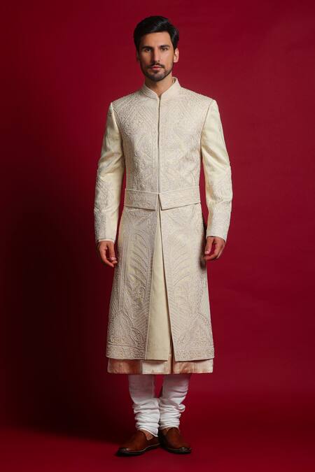 Buy Char Chaand Ivory Linen, Satin Embroidery, Beads Aari Sherwani Set Online at Aza Fashions Buy_Char Chaand_Ivory Linen, Satin Embroidery, Beads Aari Sherwani Set _Online_at_Aza_Fashions