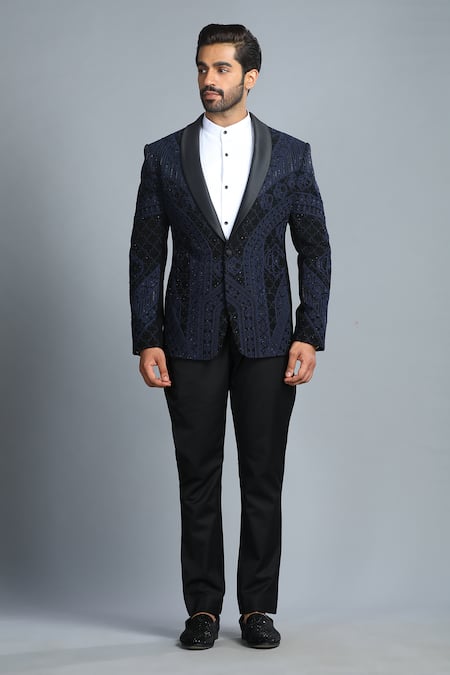 Shop_Char Chaand_Black Polyester Diamonds, Embroidery Glass Bead Tuxedo Set _at_Aza_Fashions