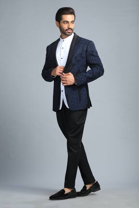 Buy_Char Chaand_Black Polyester Diamonds, Embroidery Glass Bead Tuxedo Set _Online_at_Aza_Fashions