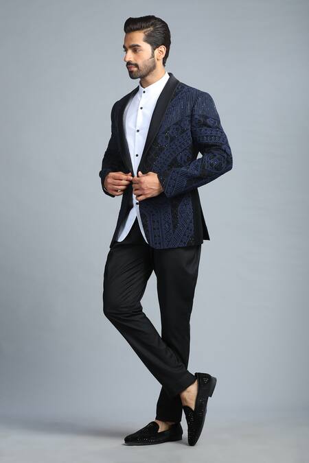 Shop_Char Chaand_Black Polyester Diamonds, Embroidery Glass Bead Tuxedo Set _Online_at_Aza_Fashions