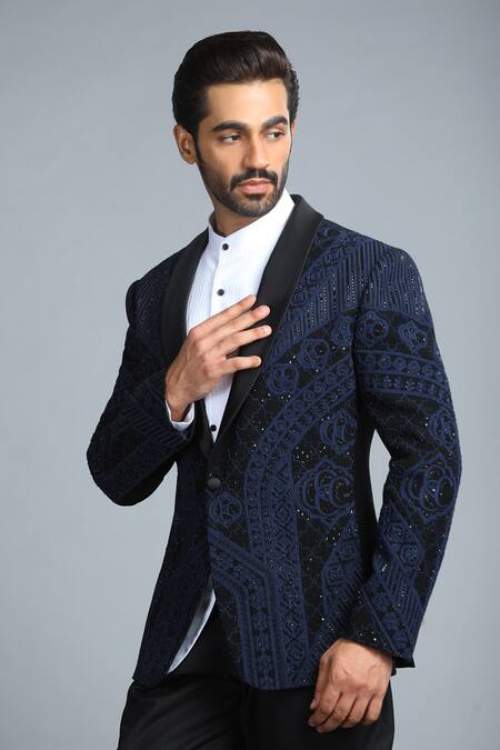 Char Chaand_Black Polyester Diamonds, Embroidery Glass Bead Tuxedo Set _at_Aza_Fashions