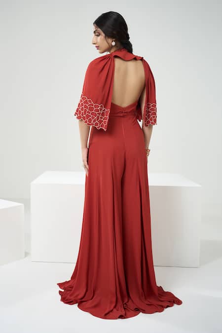 One Knot One By Ashna Halter Neck Jumpsuit With Embroidered Shrug 