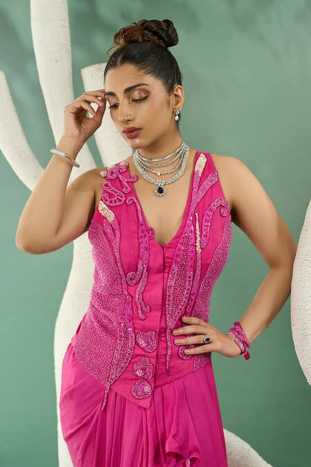 Shop One Knot One By Ashna Pink , Satin Embroidery, Sequins Plunge Abstract Jacket And Skirt Set Online at Aza Fashions Shop_One Knot One By Ashna_Pink , Satin Embroidery, Sequins Plunge Abstract Jacket And Skirt Set _Online_at_Aza_Fashions