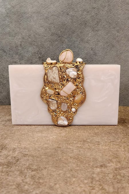 Shop Adwita Bags & Jewels White Stones Theos Carved Embellished Clutch Bag at Aza Fashions Shop_Adwita Bags & Jewels_White Stones Theos Carved Embellished Clutch Bag _at_Aza_Fashions