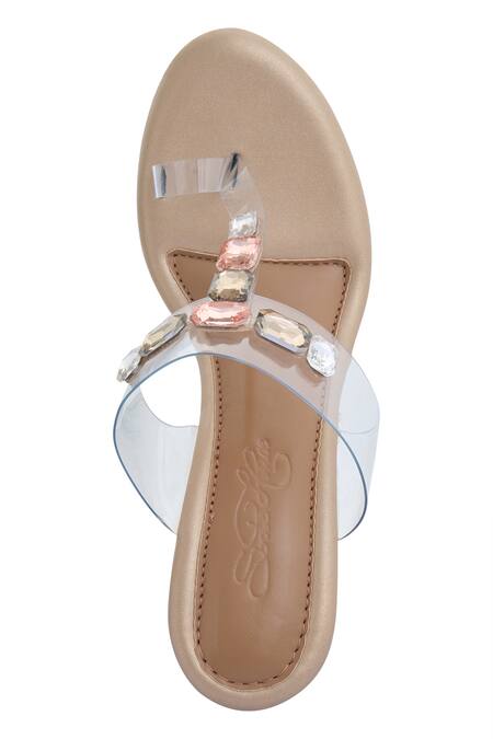 Sole House Gold Pearls, Zari, Stones Vegan Leather Clear Strap Kolhapuri Wedges Online at Aza Fashions Sole House_Gold Pearls, Zari, Stones Vegan Leather Clear Strap Kolhapuri Wedges_Online_at_Aza_Fashions
