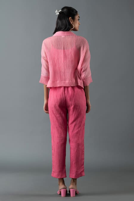 Shop_Oja_Pink Cotton Embroidery Collared Floral Jacket And Pant Set _at_Aza_Fashions