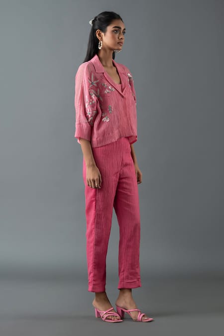 Oja_Pink Cotton Embroidery Collared Floral Jacket And Pant Set _Online_at_Aza_Fashions