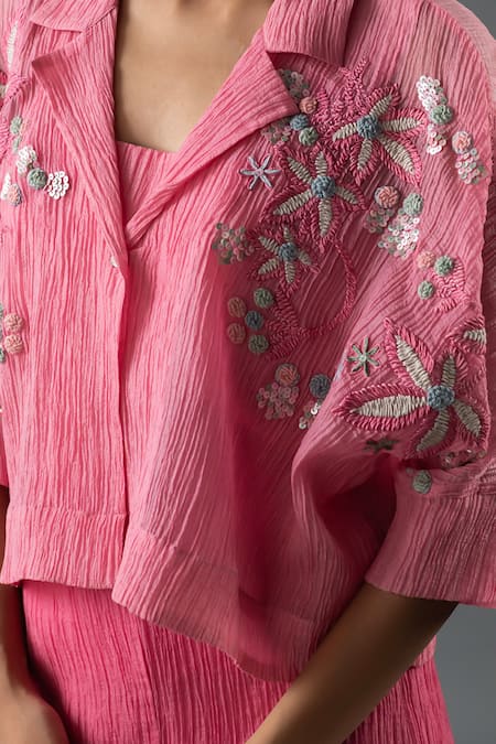 Buy_Oja_Pink Cotton Embroidery Collared Floral Jacket And Pant Set _Online_at_Aza_Fashions