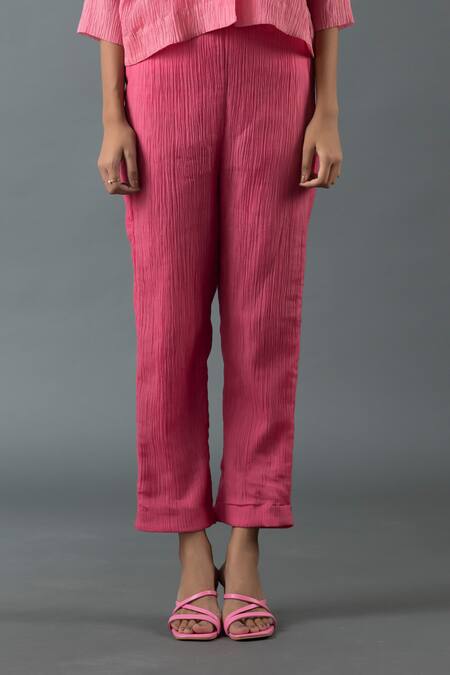 Shop_Oja_Pink Cotton Embroidery Collared Floral Jacket And Pant Set _Online_at_Aza_Fashions