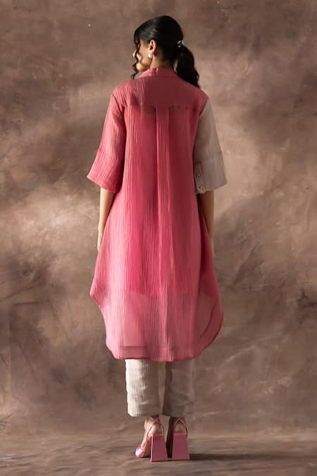 Shop_Oja_Pink Cotton Embroidery Collared Floral Kurta With Pant _at_Aza_Fashions