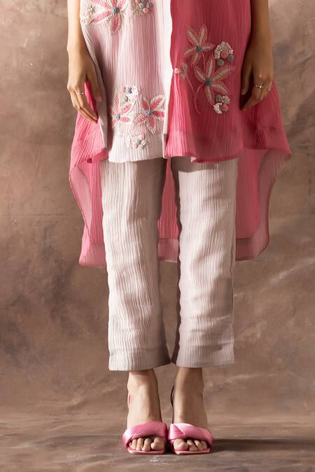 Oja_Pink Cotton Embroidery Collared Floral Kurta With Pant _Online_at_Aza_Fashions