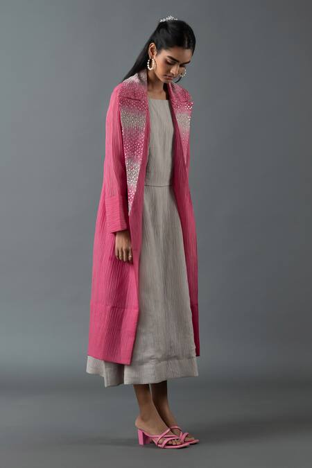 Oja Pink Cotton Sequins, Embroidery Collared Hand Jacket With Dress Online at Aza Fashions Oja_Pink Cotton Sequins, Embroidery Collared Hand Jacket With Dress _Online_at_Aza_Fashions