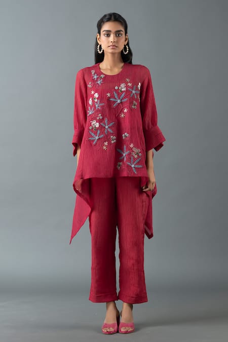 Oja Floral Embroidered Asymmetric Top With Pant 