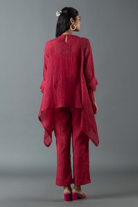 Shop_Oja_Maroon Cotton Embroidery Round Neck Floral Asymmetric Top With Pant _at_Aza_Fashions