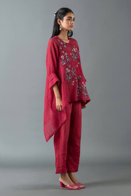 Oja_Maroon Cotton Embroidery Round Neck Floral Asymmetric Top With Pant _Online_at_Aza_Fashions