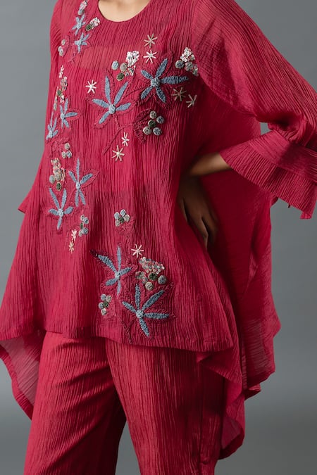 Buy_Oja_Maroon Cotton Embroidery Round Neck Floral Asymmetric Top With Pant _Online_at_Aza_Fashions