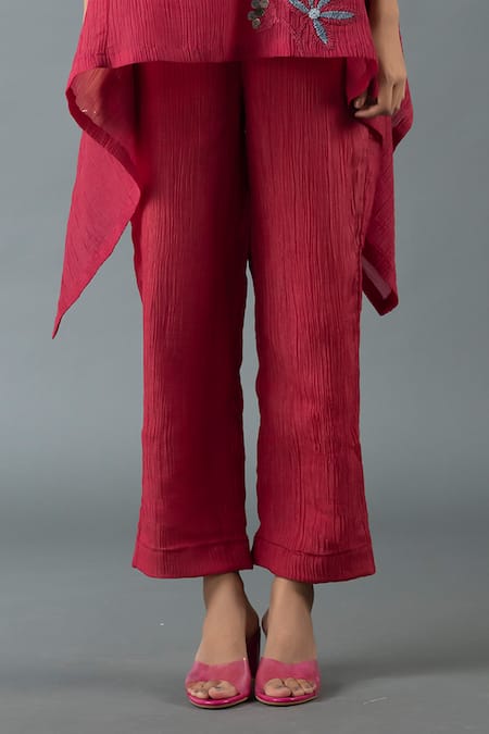 Shop_Oja_Maroon Cotton Embroidery Round Neck Floral Asymmetric Top With Pant _Online_at_Aza_Fashions