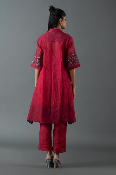 Shop_Oja_Maroon Cotton Sequins, Embroidery Collared Placement Tunic With Pant _at_Aza_Fashions