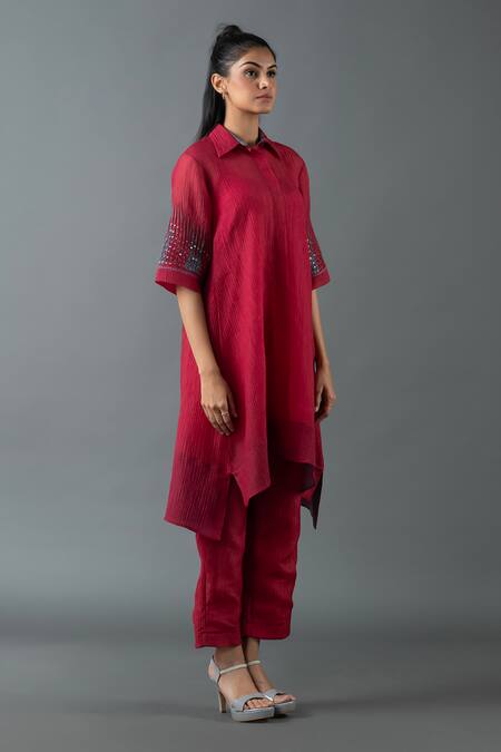 Oja_Maroon Cotton Sequins, Embroidery Collared Placement Tunic With Pant _Online_at_Aza_Fashions