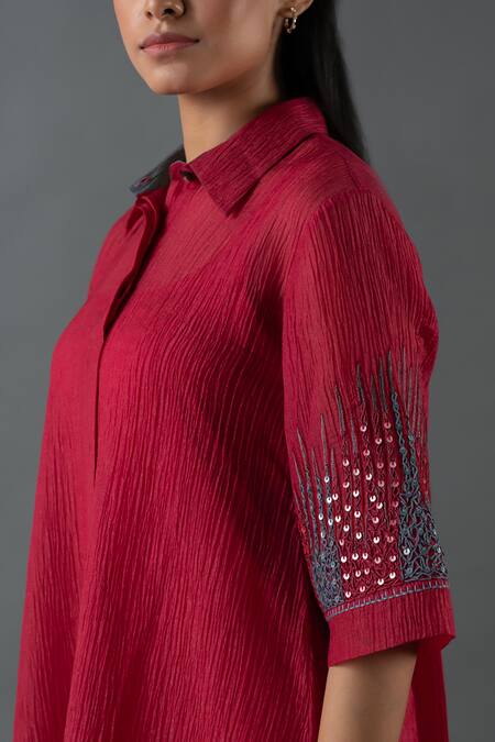 Buy_Oja_Maroon Cotton Sequins, Embroidery Collared Placement Tunic With Pant _Online_at_Aza_Fashions