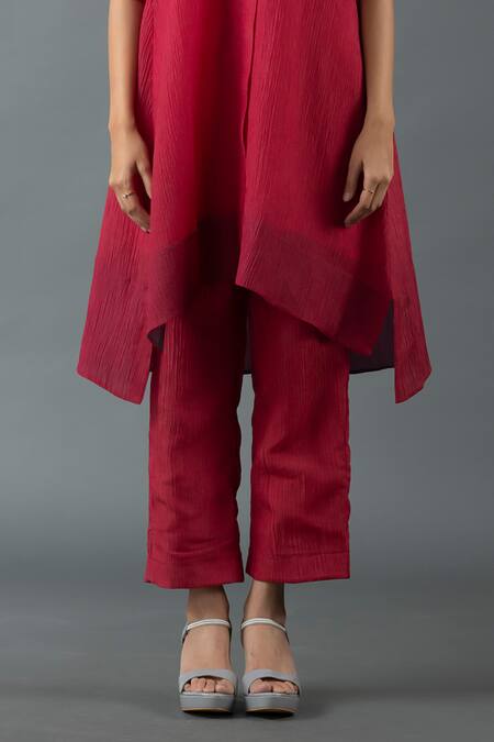 Shop_Oja_Maroon Cotton Sequins, Embroidery Collared Placement Tunic With Pant _Online_at_Aza_Fashions