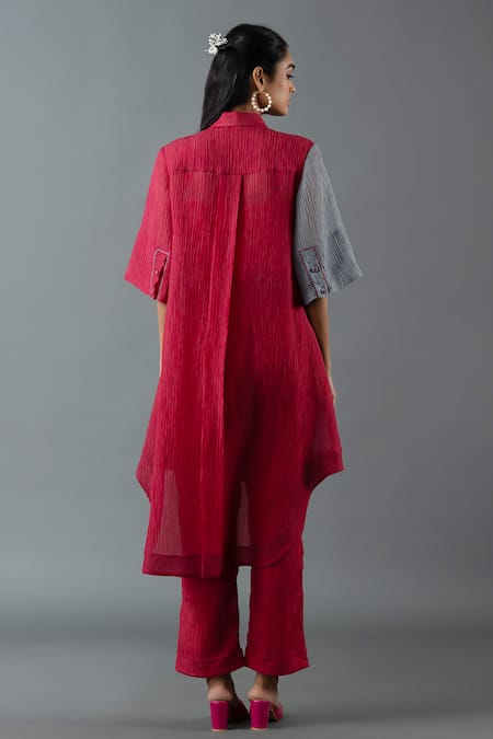 Shop_Oja_Maroon Cotton Embroidery Collared Floral Bloom Tunic With Pant _at_Aza_Fashions