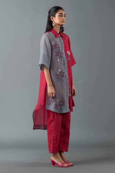 Oja_Maroon Cotton Embroidery Collared Floral Bloom Tunic With Pant _Online_at_Aza_Fashions