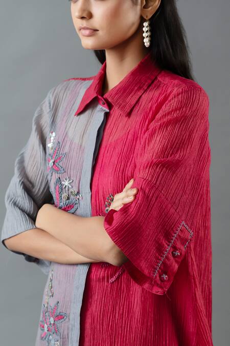 Buy_Oja_Maroon Cotton Embroidery Collared Floral Bloom Tunic With Pant _Online_at_Aza_Fashions