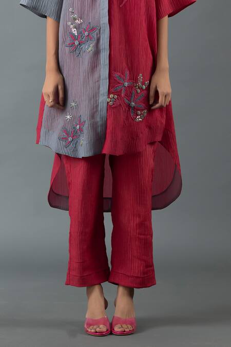 Shop_Oja_Maroon Cotton Embroidery Collared Floral Bloom Tunic With Pant _Online_at_Aza_Fashions