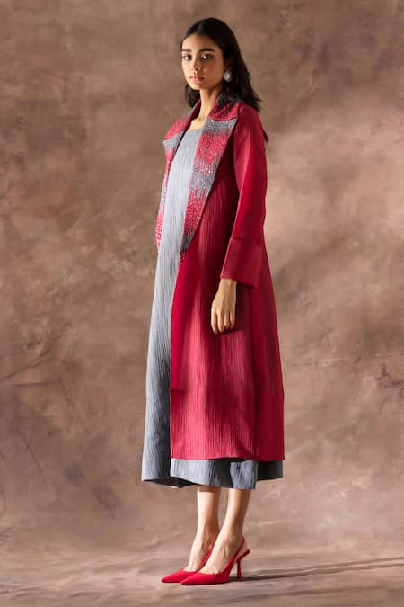 Oja_Maroon Cotton Sequins, Embroidery Collared Jacket With Dress _Online_at_Aza_Fashions