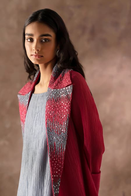 Buy_Oja_Maroon Cotton Sequins, Embroidery Collared Jacket With Dress _Online_at_Aza_Fashions