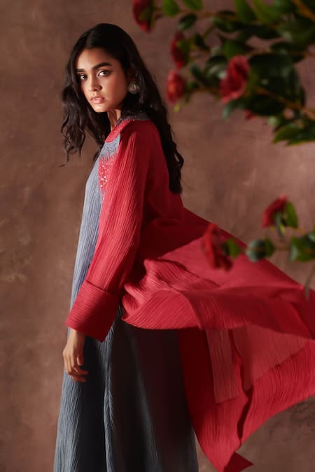 Shop_Oja_Maroon Cotton Sequins, Embroidery Collared Jacket With Dress _Online_at_Aza_Fashions