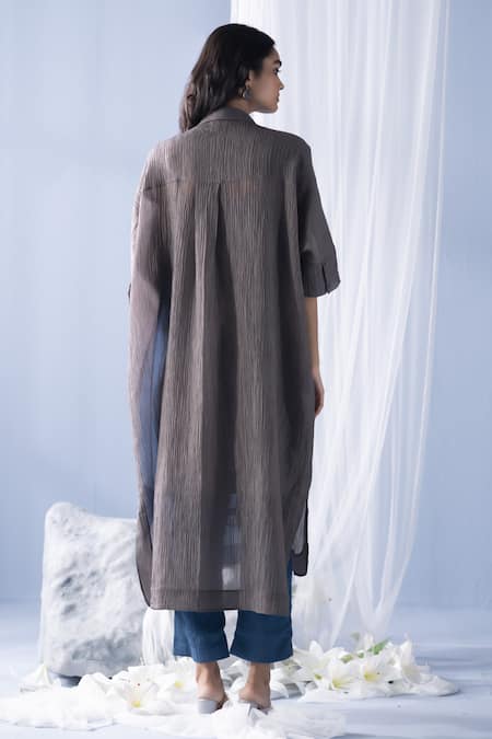 Shop_Oja_Grey Cotton Embroidery Collared Color Block Floral Tunic With Pant _at_Aza_Fashions