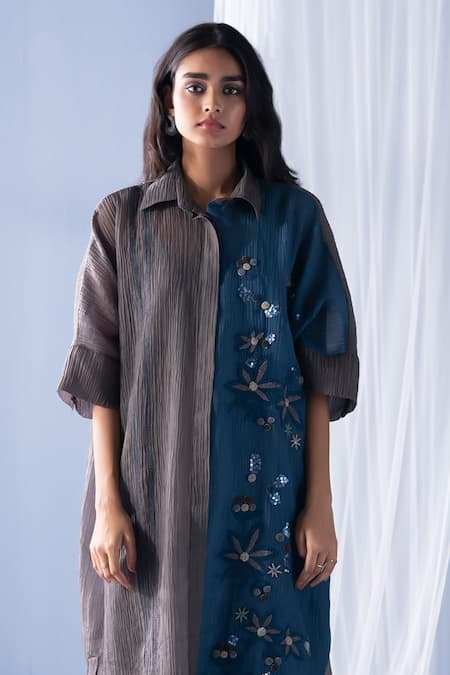 Oja_Grey Cotton Embroidery Collared Color Block Floral Tunic With Pant _Online_at_Aza_Fashions