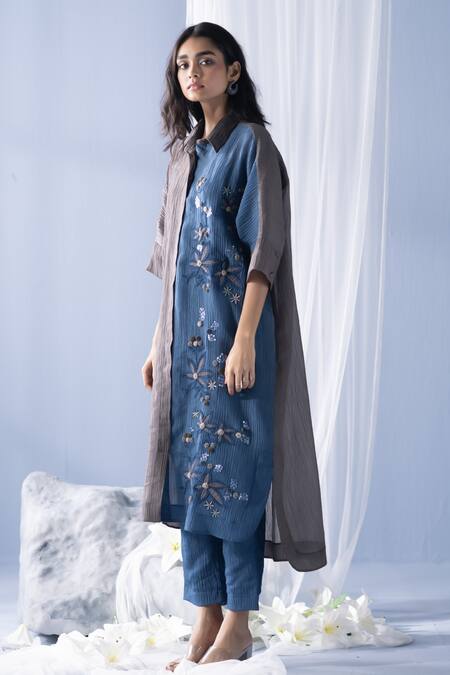 Shop_Oja_Grey Cotton Embroidery Collared Color Block Floral Tunic With Pant _Online_at_Aza_Fashions
