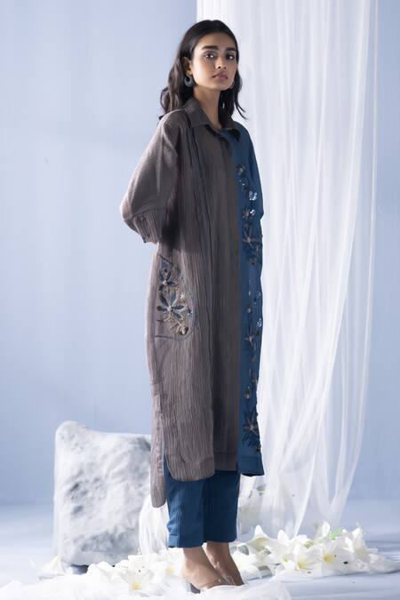 Oja_Grey Cotton Embroidery Collared Color Block Floral Tunic With Pant _at_Aza_Fashions