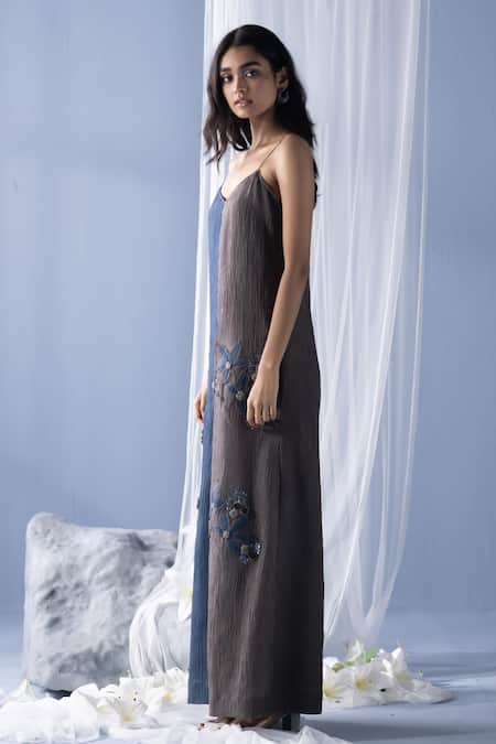 Buy_Oja_Grey Sequins, Embroidery Sweetheart Neck Color Block Floral Jumpsuit _Online_at_Aza_Fashions