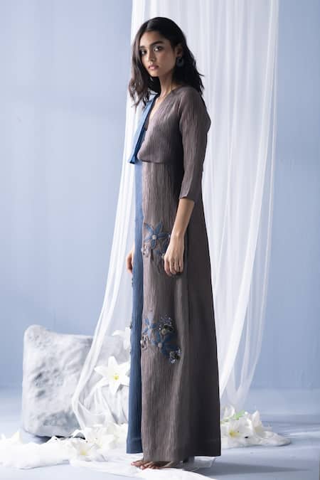 Oja_Grey Cotton Sequins, Embroidery V-neck Color Block Floral Jumpsuit With Jacket _Online_at_Aza_Fashions