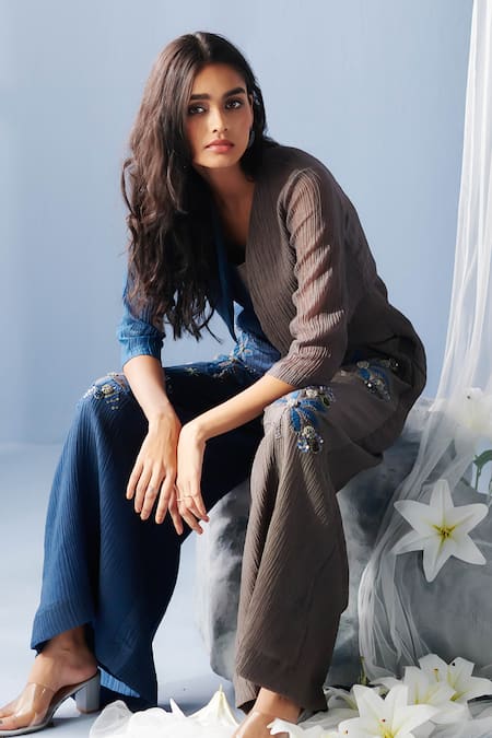 Oja_Grey Cotton Sequins, Embroidery V-neck Color Block Floral Jumpsuit With Jacket _at_Aza_Fashions