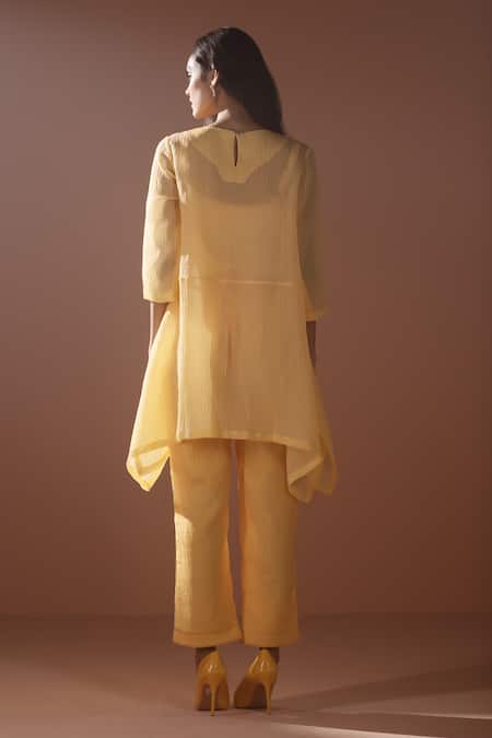 Shop_Oja_Yellow Embroidery Round Neck Flower Tunic With Pant _at_Aza_Fashions