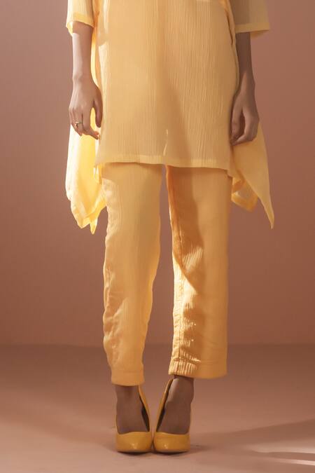 Buy_Oja_Yellow Embroidery Round Neck Flower Tunic With Pant _Online_at_Aza_Fashions
