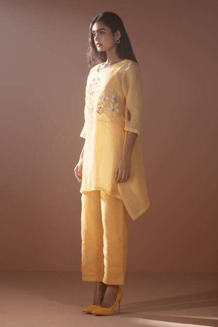 Shop_Oja_Yellow Embroidery Round Neck Flower Tunic With Pant _Online_at_Aza_Fashions