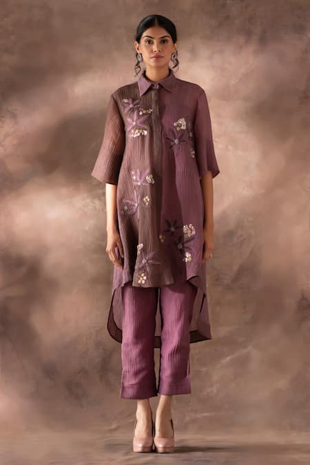 Oja Dual Tone Flower Embroidered Tunic With Pant 