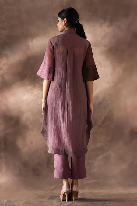 Shop Oja Brown Cotton Sequins Collared Dual Tone Flower Embroidered Tunic With Pant at Aza Fashions Shop_Oja_Brown Cotton Sequins Collared Dual Tone Flower Embroidered Tunic With Pant _at_Aza_Fashions