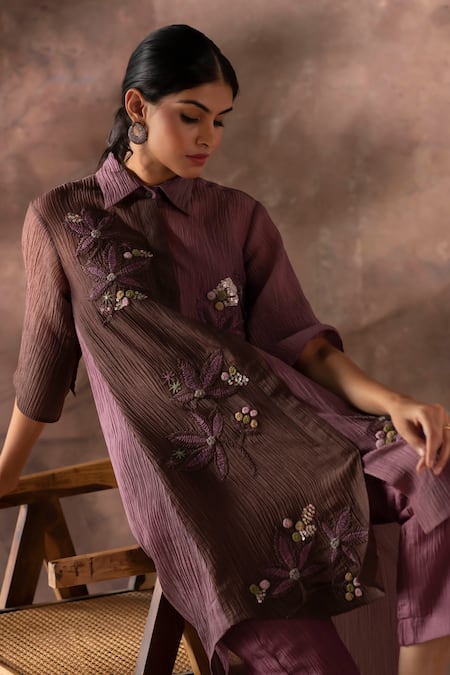 Oja Brown Cotton Sequins Collared Dual Tone Flower Embroidered Tunic With Pant Online at Aza Fashions Oja_Brown Cotton Sequins Collared Dual Tone Flower Embroidered Tunic With Pant _Online_at_Aza_Fashions