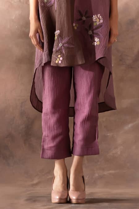 Buy Oja Brown Cotton Sequins Collared Dual Tone Flower Embroidered Tunic With Pant Online at Aza Fashions Buy_Oja_Brown Cotton Sequins Collared Dual Tone Flower Embroidered Tunic With Pant _Online_at_Aza_Fashions